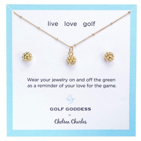 Golf Ball Charm Necklace and Earrings Gift Set - Gold