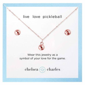 Pickleball Charm Necklace and Earrings Gift Set - Rose Gold
